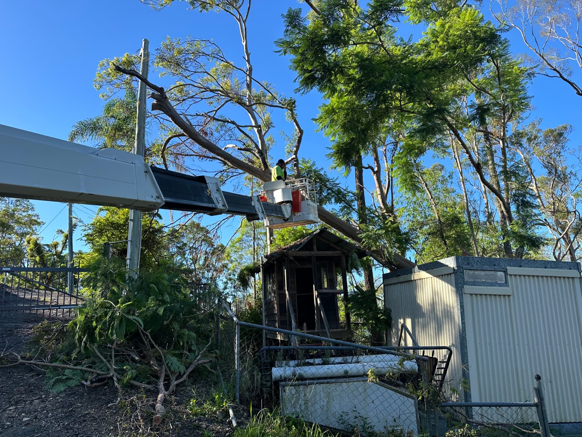 Arborist working from an elevated work platform to cut a fallen tree off a building