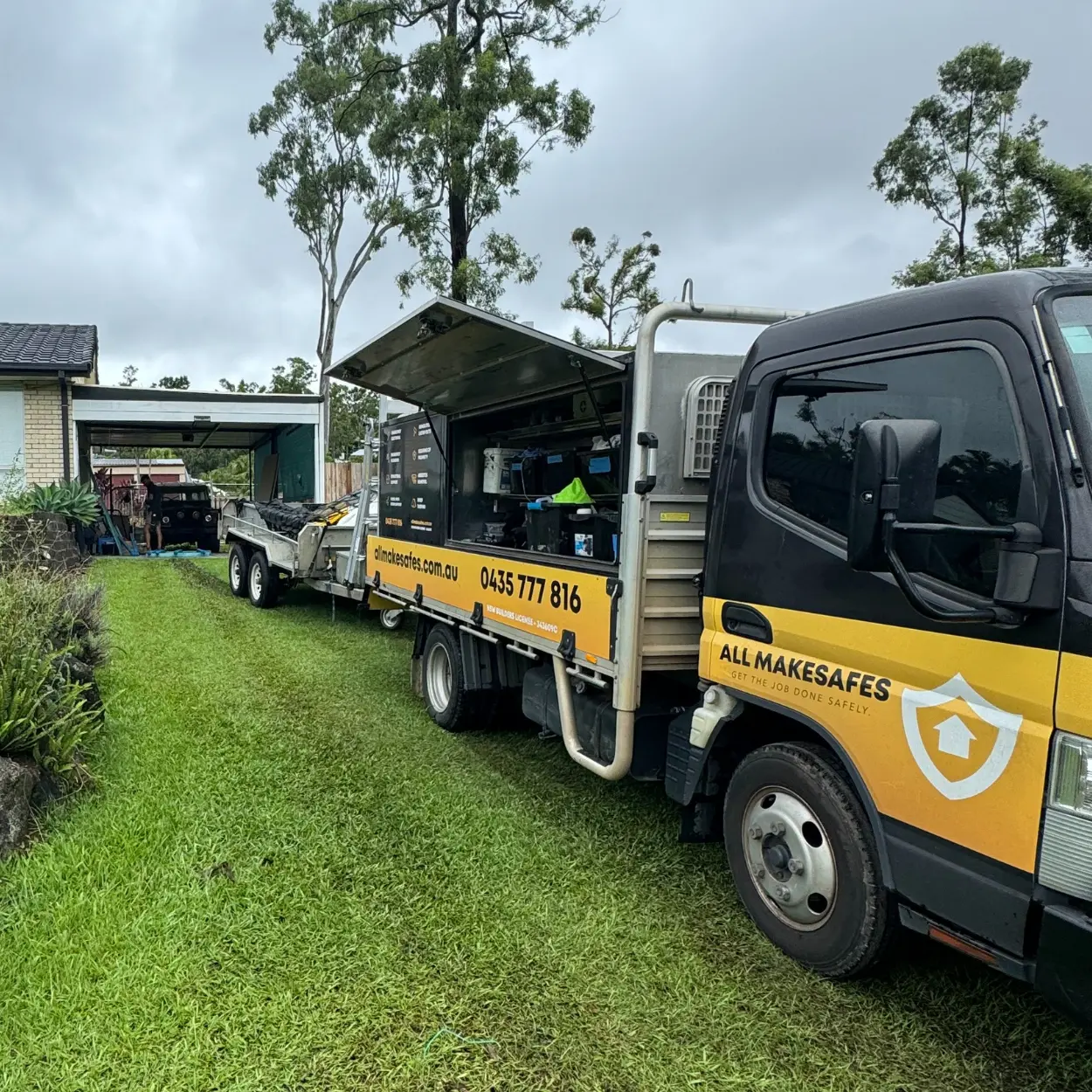All Makesafes truck and plant trailer set up on site with equipment lockers open